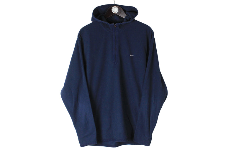 Vintage Nike Fleece Hoodie XLarge size men's oversize hooded sweatshirt navy blue swoosh small logo USA sport street style 90's clothing