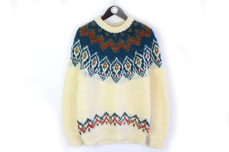 Vintage Icelandic Sweater Large white blue 90's wool made in Korea