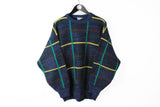 Vintage Hugo Boss Sweater blue multicolor plaid pattern 90s retro classic luxury pullover Large / XLarge