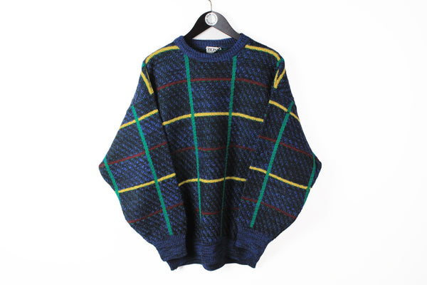 Vintage Hugo Boss Sweater blue multicolor plaid pattern 90s retro classic luxury pullover Large / XLarge