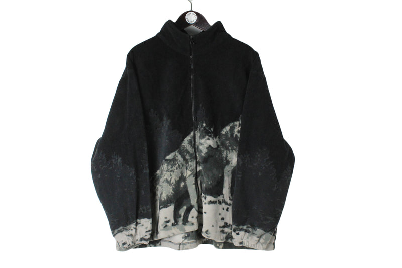 Vintage Fleece XLarge / XXLarge size men's unisex oversize full zip sport wear tech clothing athletic 90's style ski sport authentic mountains extreme sweatshirt casual streetwear wolf print animal pattern wolfs