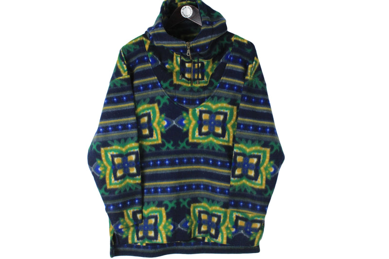 Vintage Fleece Hoodie Women's Large size oversize multicolor blue green sport wear tech clothing athletic 90's style ski sport authentic mountains extreme sweatshirt hooded jumper