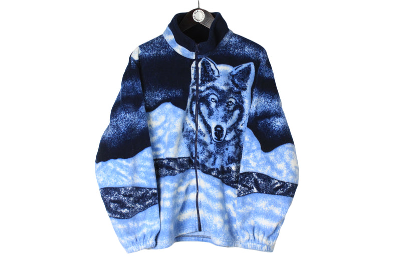 Vintage Fleece Medium size men's unisex oversize full zip sport wear blue clothing athletic 90's style ski sport authentic mountains extreme sweatshirt casual streetwear wolf print animal pattern wolfs