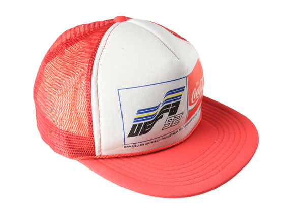 Vintage Coca-Cola UEFA 1992 Trucker Cap red white 90s retro football sport hat
