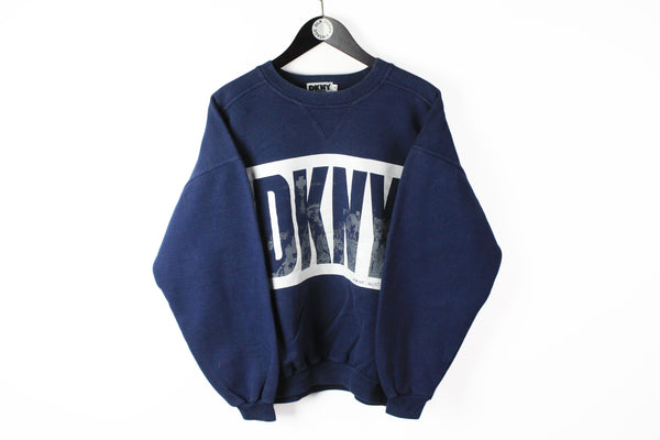 Vintage DKNY Sweatshirt Women's XLarge big logo Donna Karan New York navy blue jumper