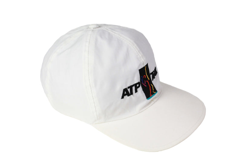 Vintage Adidas ATP Tour Cap 90's style white summer hat wear accessorize sun visor big logo retro street style sport brand