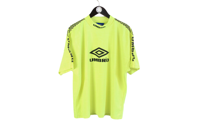 Vintage Umbro T-Shirt Large acid color  crazy big logo rave 90's style yellow polyester tee
