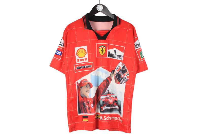 Vintage Ferrari Polo T-Shirt Medium red 00s Michael Schumacher winner polyester polo shorts sleeve tee 90s