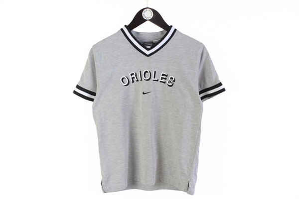 Vintage Baltimore Orioles Nike T-Shirt Women's Medium gray big logo swoosh center 90's sport style MLB baseball cotton v-neck tee