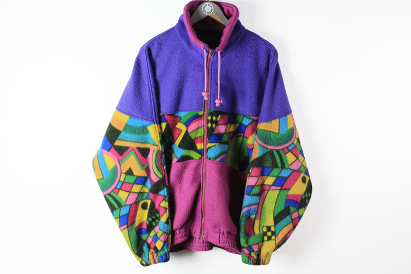 Vintage Fleece Full Zip Large / XLarge multicolor abstract pattern crazy print purple pink sweater ski style 90s