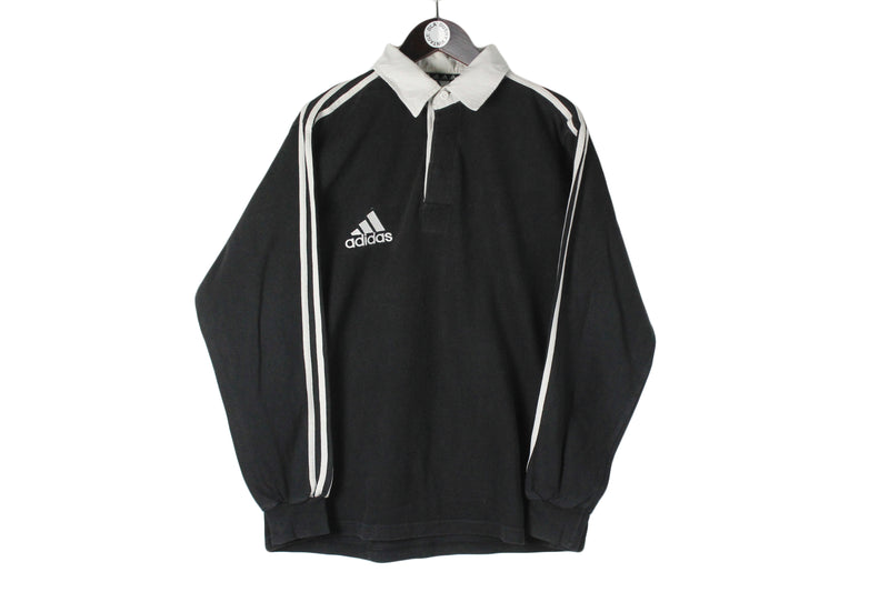 Vintage Adidas Rugby Shirt Medium black white 90s collared long sleeve polo t-shirt retro sweatshirt small logo