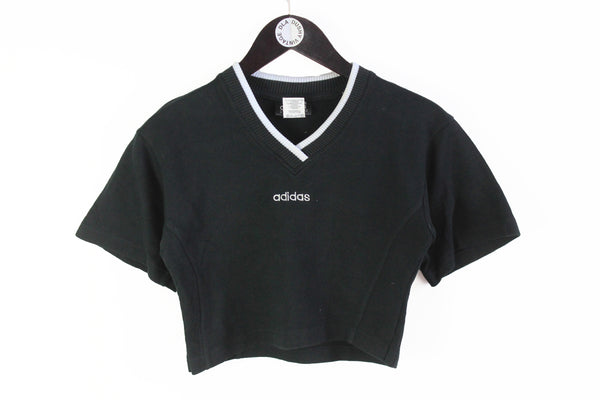 Vintage Adidas Cropped T-Shirt Women's Medium black cotton tee v-neck sport style 90's