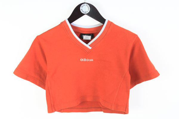 Vintage Adidas Cropped T-Shirt Women's Medium orange 90's retro style sport v-neck tee