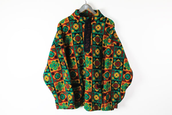 Vintage Fleece 1/4 Zip XLarge abstract pattern green red yellow multicolor sherpa 90s sport ski sweater