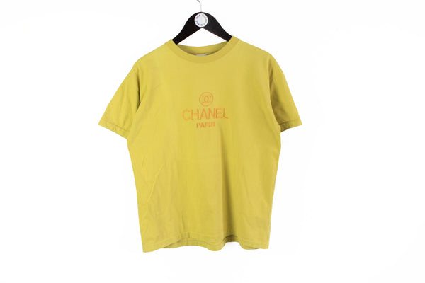 Vintage Chanel Bootleg Big Embroidery Logo T-Shirt Small yellow big logo 90s retro style cotton tee 80s