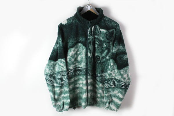 Vintage Wolf Print Fleece Full Zip Medium green 90s sport retro style animal pattern sweater