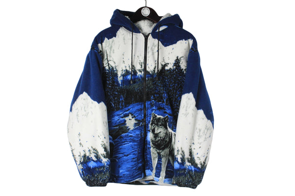 Vintage Wolf Fleece Full Zip Medium winter 90s retro style sweater jacket hooded ski style hype animal print