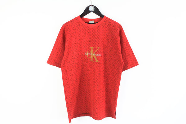 Vintage Calvin Klein Jeans Bootleg T-Shirt XLarge big logo red 80's style crazy pattern tee