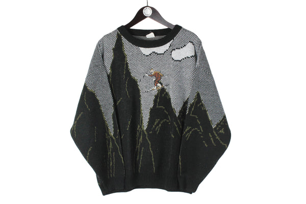 Vintage Ski Sweater Large human pattern 90s embroidery logo mountains retro pullover crewneck jumper