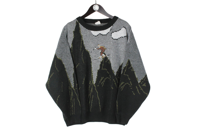 Vintage Ski Sweater Large human pattern 90s embroidery logo mountains retro pullover crewneck jumper
