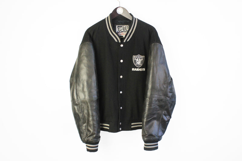 Vintage Raiders Los Angeles Varsity Jacket XLarge black wool and leather big logo 90's style Football NFL sport bomber coat