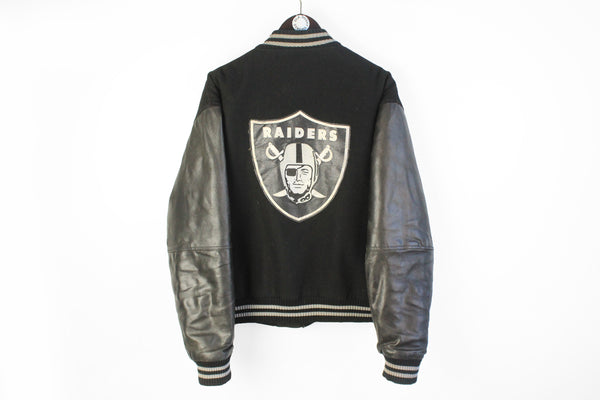 Vintage Raiders Los Angeles Varsity Jacket XLarge black wool and leather big logo 90's style Football NFL sport bomber coat