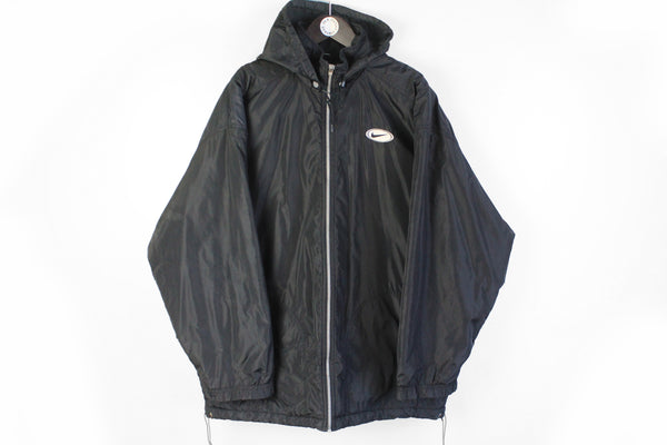Vintage Nike Jacket XLarge big logo black 90's sport style hooded windbreaker