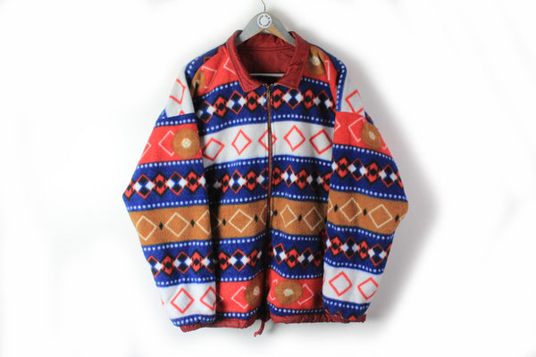 Vintage Fleece Jacket Double Sided Large / XLarge abstract pattern multicolor winter hipster style jacket