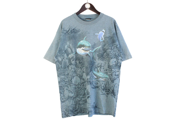Vintage Habitat XCIV T-Shirt XLarge blue shark white 90s retro cotton big logo wild pattern top