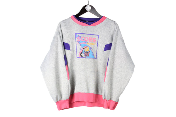 Vintage Sweatshirt Small size men's unisex bright multicolor retro pullover 90's 80's style sport athletic big logo basic training gray jumper
