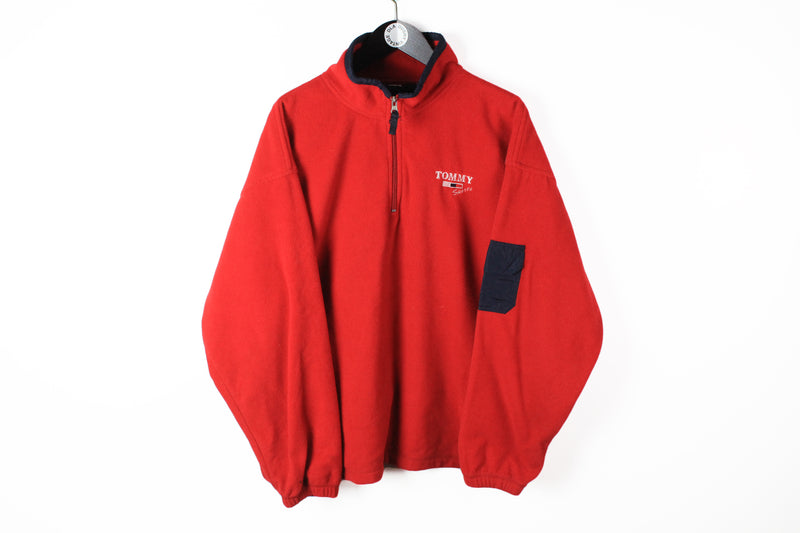 Vintage Tommy Sports Fleece 1/4 Zip Large red small logo Hilfiger bootleg sweater