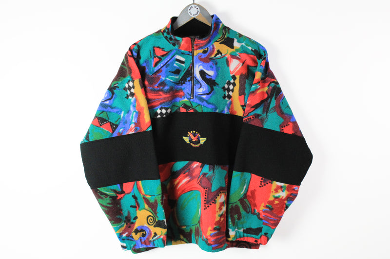 Vintage Fleece 1/4 Zip Small multicolor abstract crazy pattern 90s sport winter ski sweater