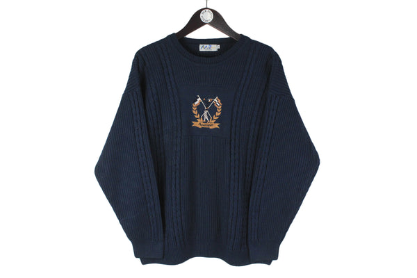 Vintage Aquascutum Sweater Medium blue 90s big logo pullover retro jumper long sleeve navy golf