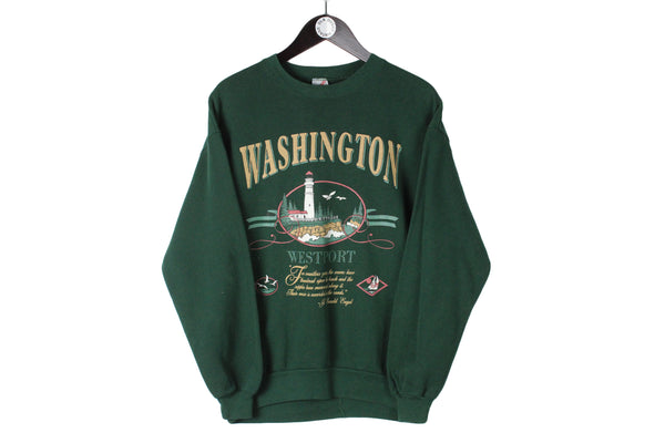 Vintage Washington Sweatshirt Medium size men's wear big logo basic pullover long sleeve sport street style old school rare retro 90's green athletic clothing