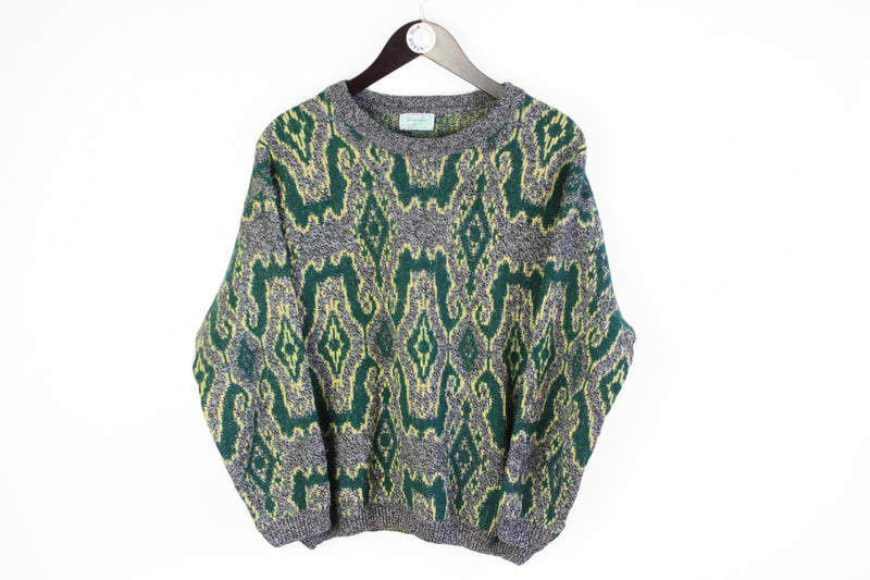 Vintage United Colors of Benetton Sweater XSmall / Small green abstract crazy pattern made in Italy 90's winter jumper
