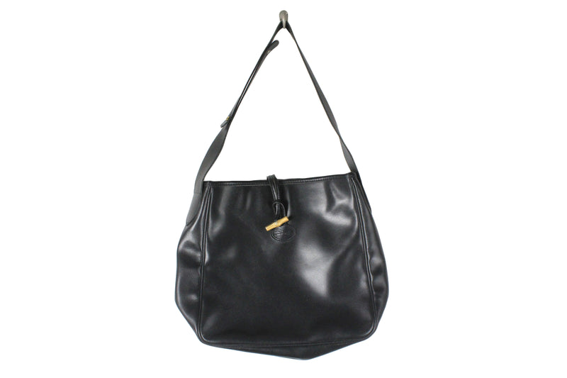 Vintage Longchamp Bag black leather shoulder bag 90s retro style luxury authentic France brand