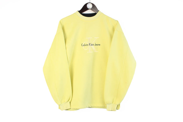 Vintage Calvin Klein Bootleg Sweatshirt Small yellow big logo 90s retro crewneck sport jumper