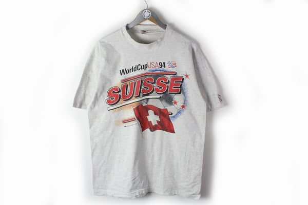 Vintage World Cup 1994 USA Suisse Team T-Shirt Large / XLarge gray big logo 90s football championship Switzerland club