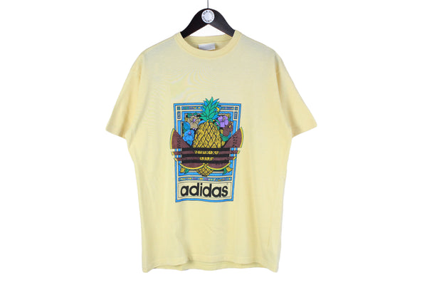 Vintage Adidas T-Shirt Large yellow 90s pineapple retro big logo fruits cotton tee
