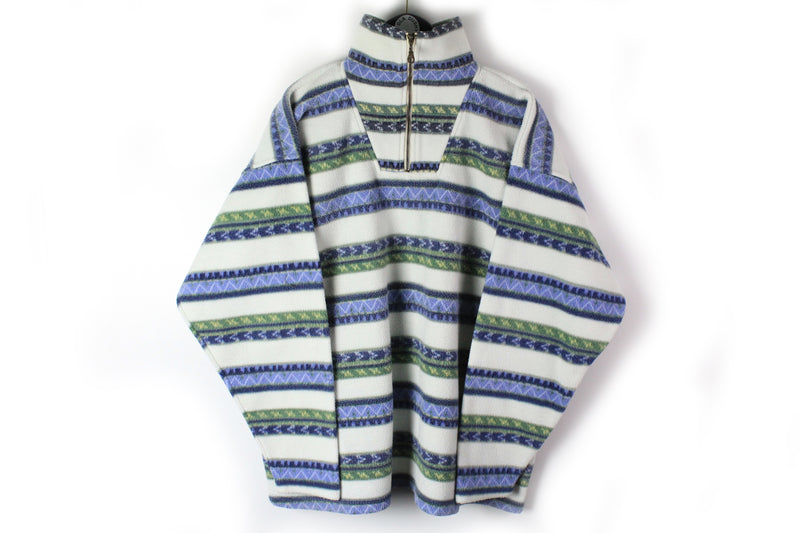 Vintage Fleece 1/4 Zip Large / XLarge striped pattern white blue green winter sweater