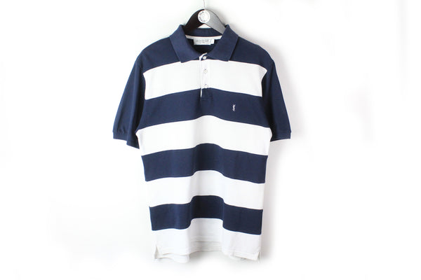 Vintage Yves Saint Laurent Polo T-Shirt Large white blue striped pattern 90's cotton tee