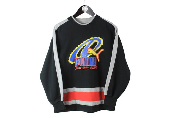 vintage PUMA big logo sweatshirt authentic black Powerful Shot Size S men's athletic sport outfit retro wear sweater 90's 80's streetwear