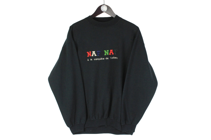Vintage Naf Naf Sweatshirt Large big logo black 90s multicolor  embroidery retro classic crewneck