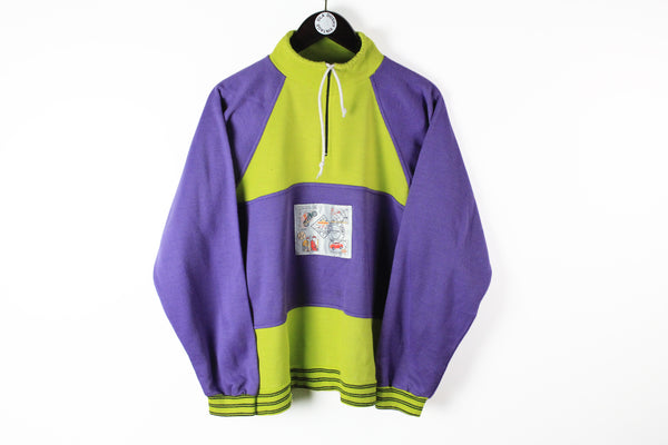 Vintage Sweatshirt 1/4 Zip Small retro style purple green 80s sport jumper