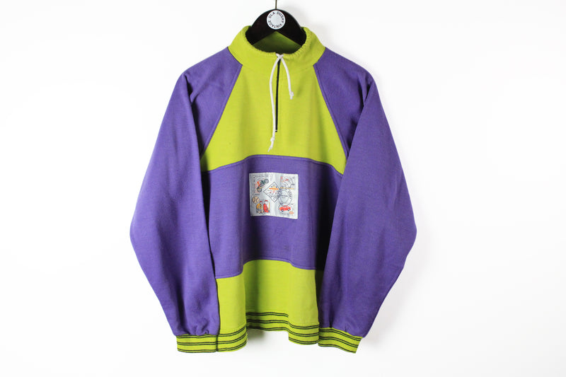 Vintage Sweatshirt 1/4 Zip Small retro style purple green 80s sport jumper