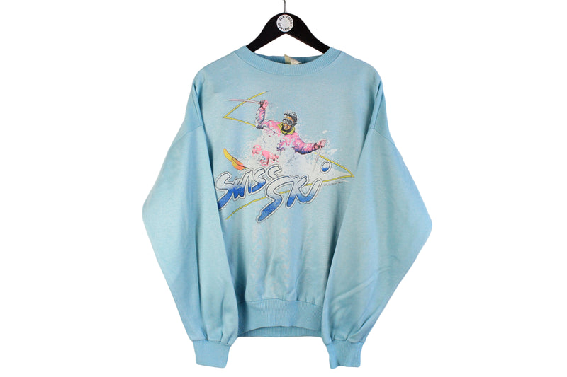 Vintage Sweatshirt Large size Swiss Ski big logo crewneck sport authentic athletic pullover blue 90's 80's style cotton jumper