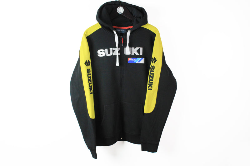 Vintage Suzuki Hoodie Full Zip XLarge black yellow big logo racing authentic race hooded sweatshirt