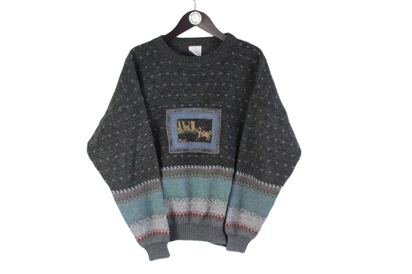Vintage Sweater Medium gray horse human 90s embroidery retro style logo