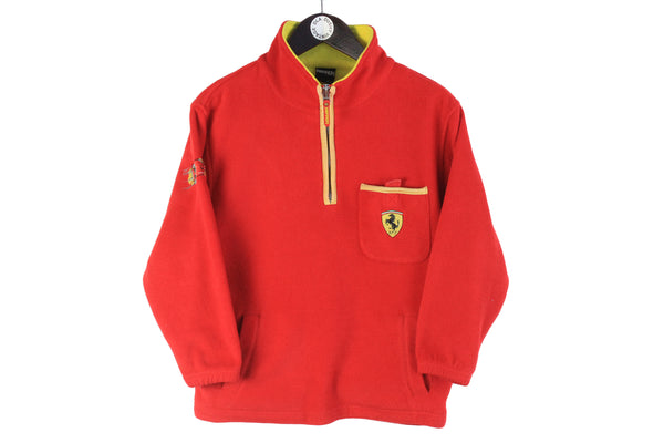 Vintage Ferrari Fleece Kids size red Formula 1 F1 style pullover warm winter sweatshirt 90's style front logo 1/4 zip long sleeve sport car merch