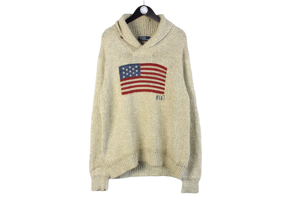 Vintage Ralph Lauren Sweater XLarge size men's oversize big front logo USA flag hipster style 90's knit pullover knitted log sleeve rare retro cozy clothing